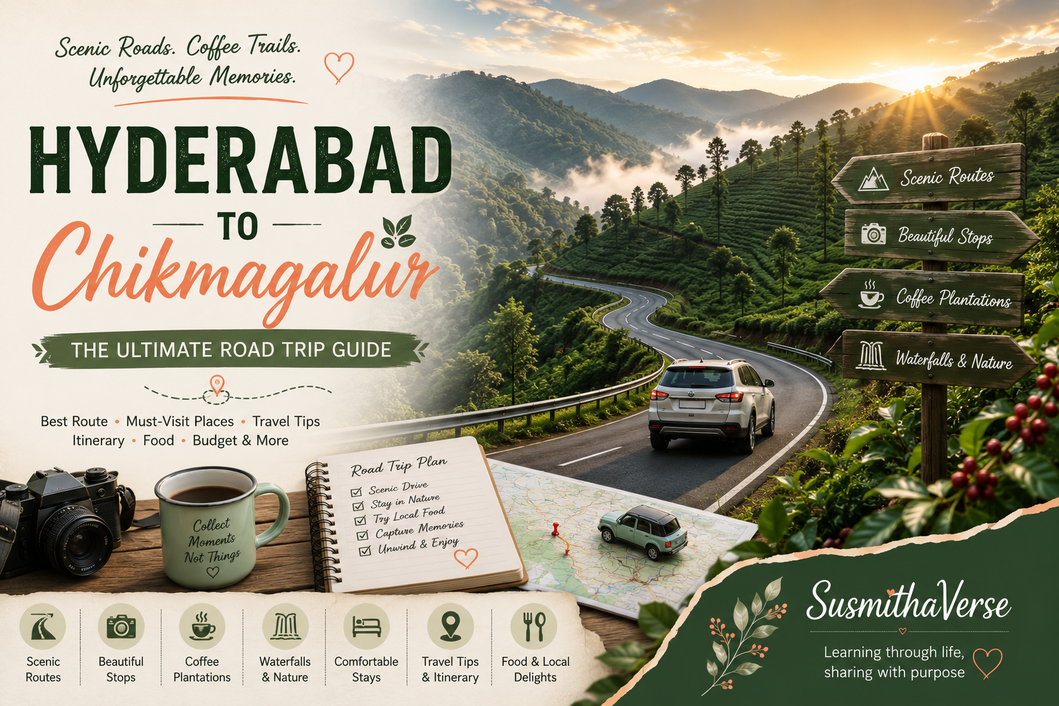 Scenic road winding through the misty hills of Chikmagalur with travel essentials, coffee mug, map, and botanical accents, representing a road trip from Hyderabad to Karnataka's coffee country.