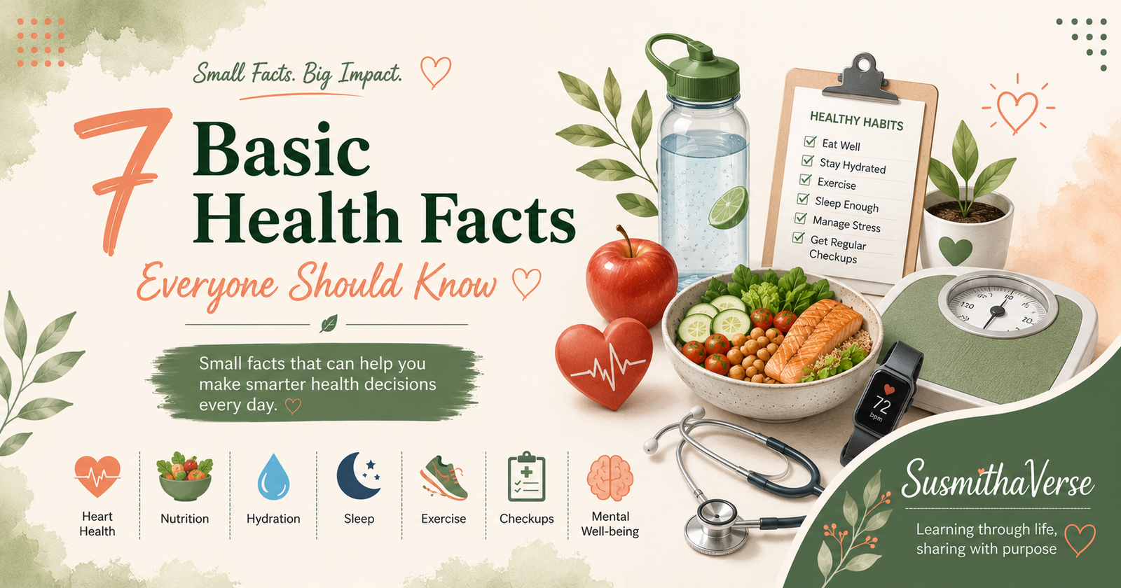 Editorial featured image highlighting seven basic health facts with healthy food, hydration, exercise, heart health, sleep, mental well-being, and preventive healthcare illustrations.