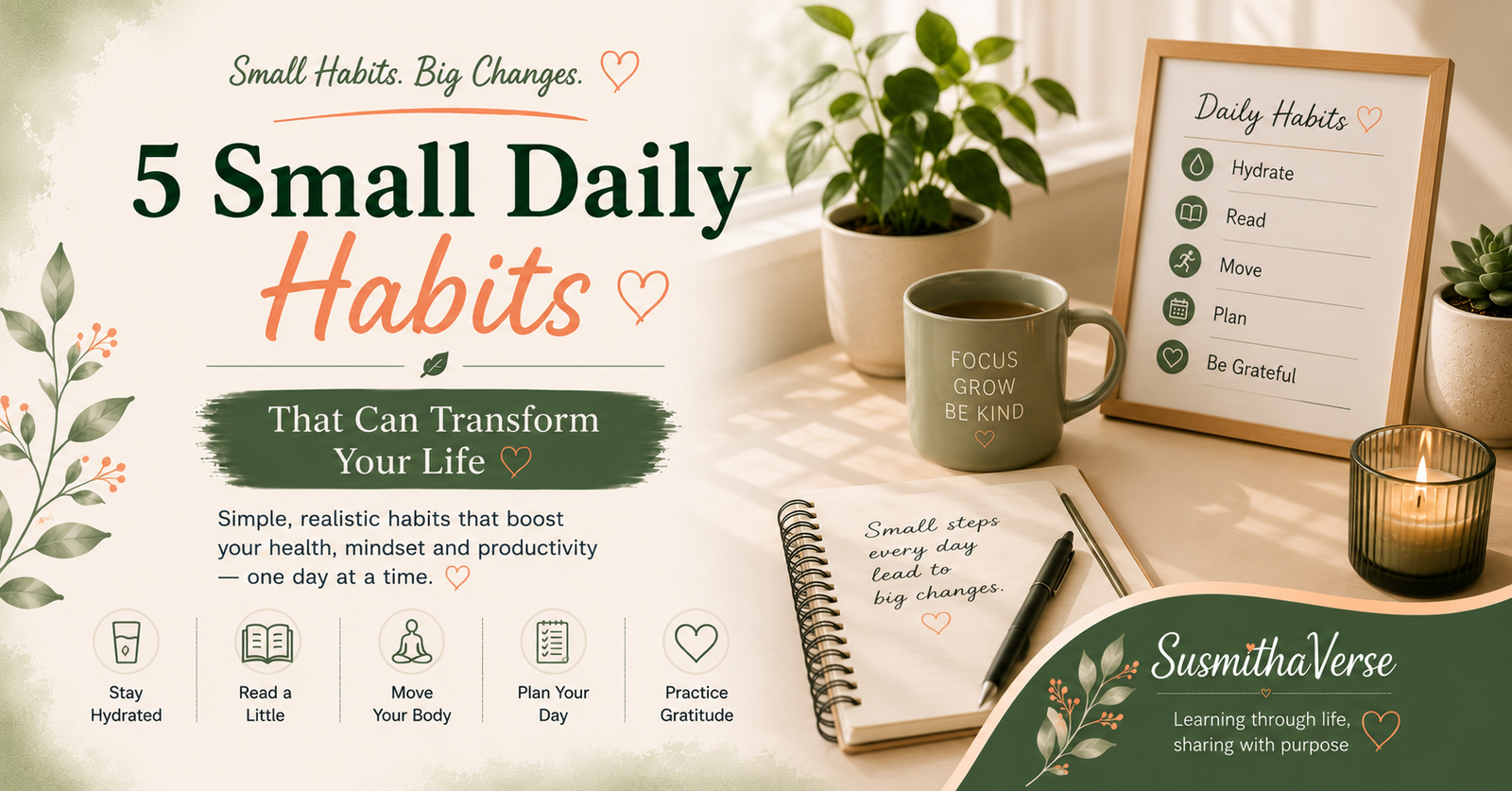 A calm workspace with a notebook, coffee mug, indoor plants, and a daily habits checklist representing healthy routines, personal growth, productivity, mindfulness, and self-improvement.