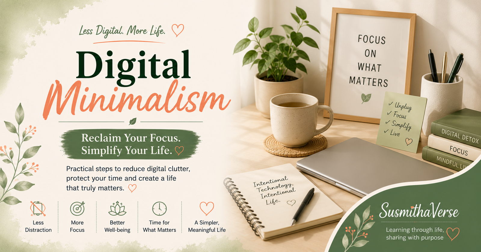 Clean workspace with a notebook, phone, coffee mug, indoor plant, and digital minimalism theme representing focus, productivity, and intentional technology use.