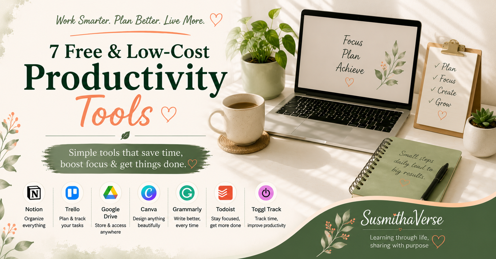 Modern workspace featuring a laptop, notebook, coffee mug, indoor plants, and illustrations of popular productivity tools representing free and low-cost apps that improve focus, organization, and daily productivity.