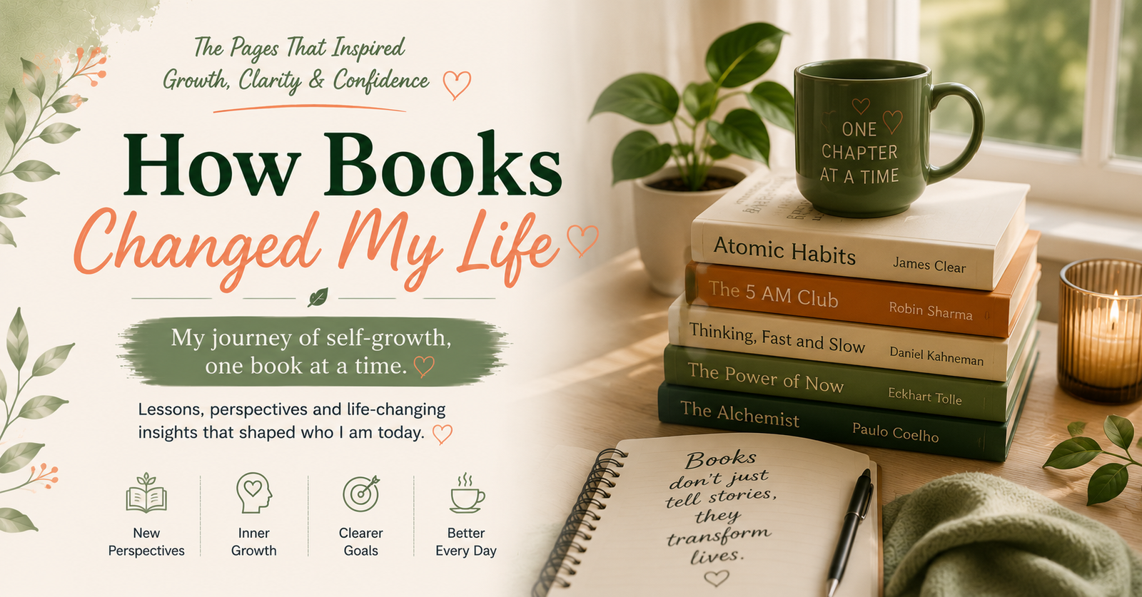 Cozy reading corner featuring inspirational books, notebook, coffee mug, and indoor plants representing personal growth, lifelong learning, and the transformative power of reading.