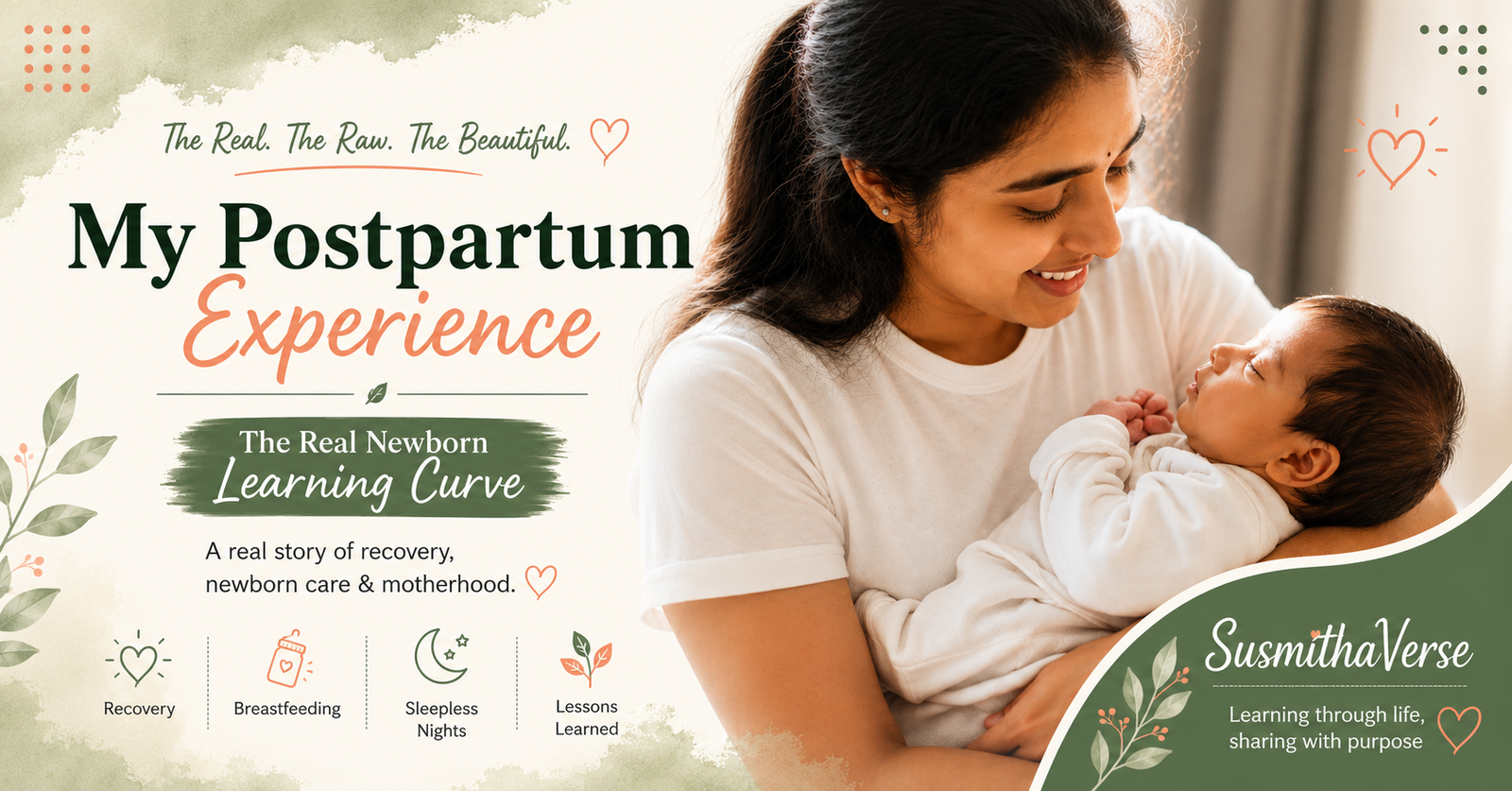 Mother lovingly holding her newborn baby, representing a real postpartum experience, recovery journey, breastfeeding challenges, and the early learning curve of motherhood.