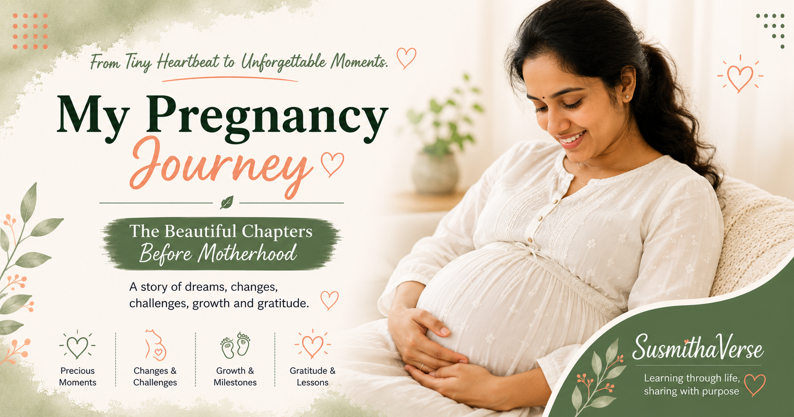 Smiling pregnant mother gently holding her baby bump, representing a personal pregnancy journey, motherhood, milestones, and anticipation before welcoming a baby.