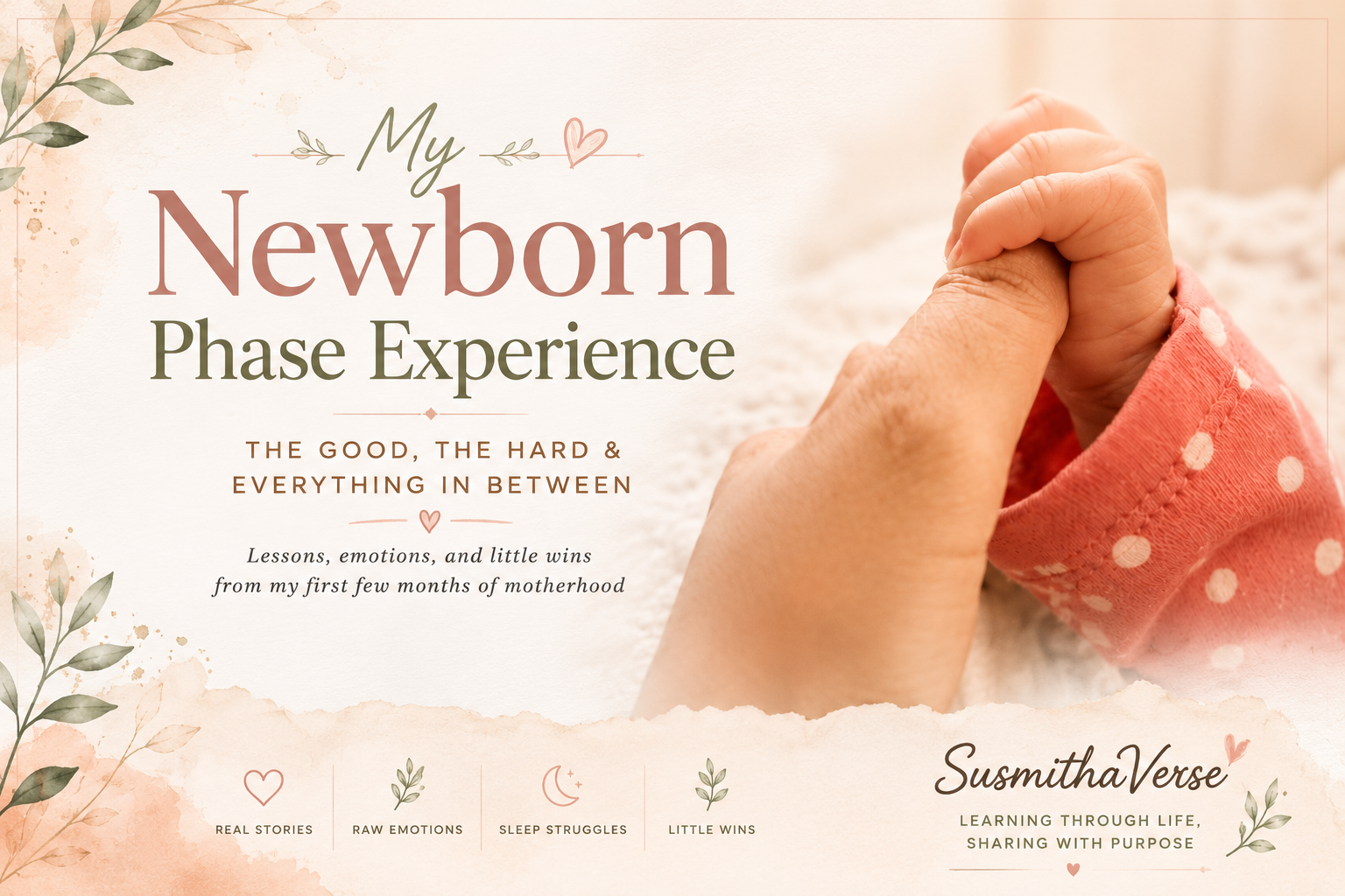 A newborn baby gently holding her mother's finger, symbolizing the emotional journey of the newborn phase and early motherhood. new born phase experience