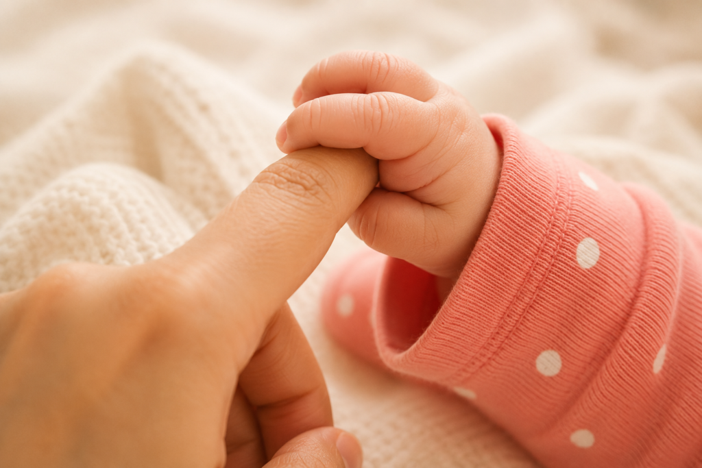 Newborn baby gently holding her mother's finger during the first days after birth.