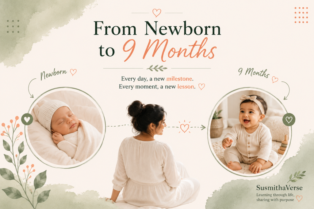Newborn baby and 9-month-old baby showing a motherhood growth journey