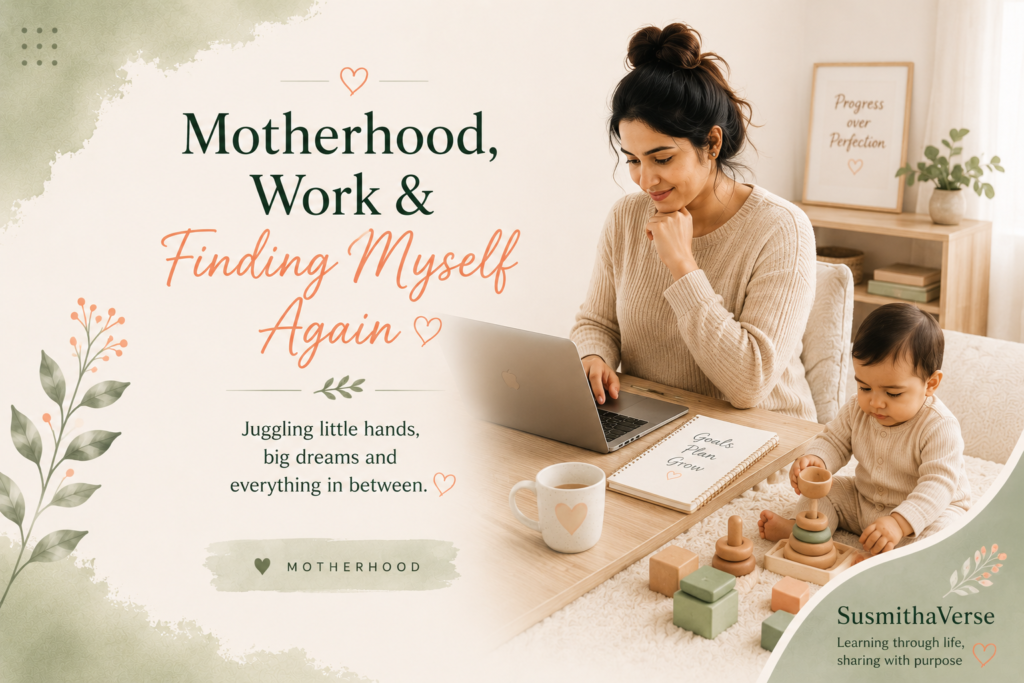 Mother working on laptop while baby plays nearby – motherhood and career balance
